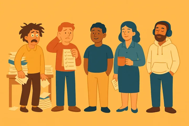 Fem produktivitetstyper - illustration med olika personligheter