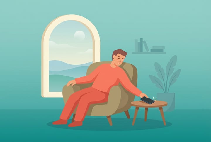 Illustration av en person som lägger ifrån sig telefonen vid ett fönster i lugna teal-toner