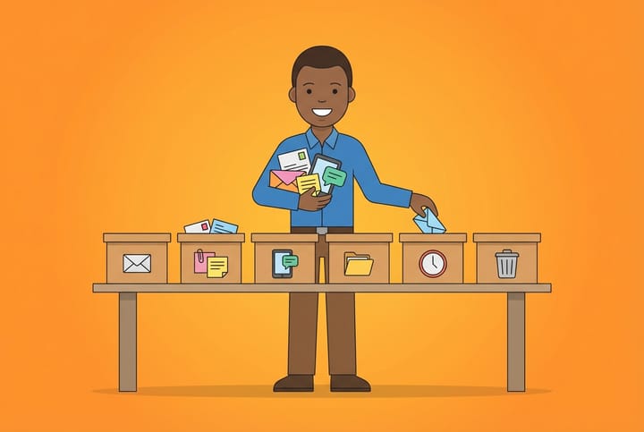 Person vid sorteringsbord med sex märkta lådor i flat vector-stil