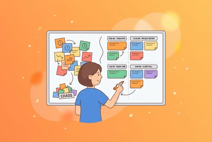 Illustration av person vid whiteboard som organiserar mötestid från kaos till struktur