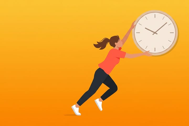 Person vid skrivbord som tittar upp på väggklocka i flat vector-stil med orange gradient