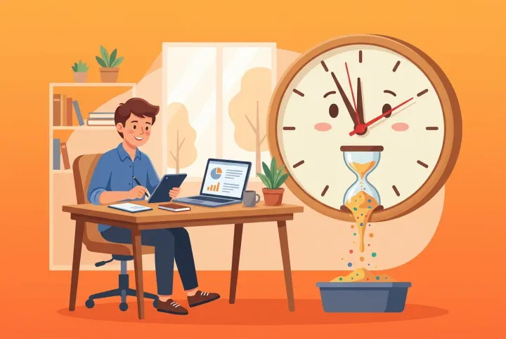 Person vid skrivbord med stor klocka i flat vector-stil med orange gradient